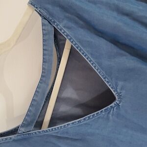 Loft M blue top for women ruffle sleeves lower back cross back strap